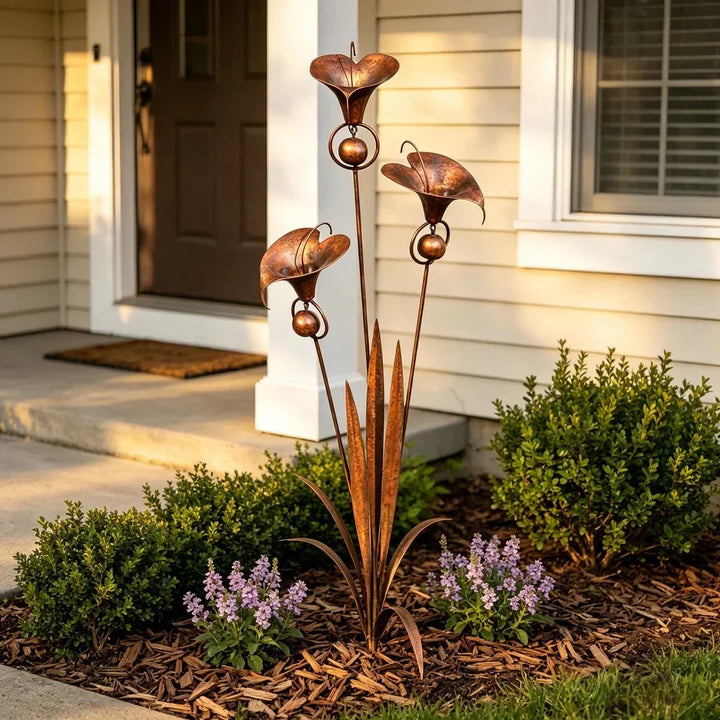 Copper bloom stake in mulch in front of a house entrance, with purple flowers and trimmed boxwood shrubs at its base. 9