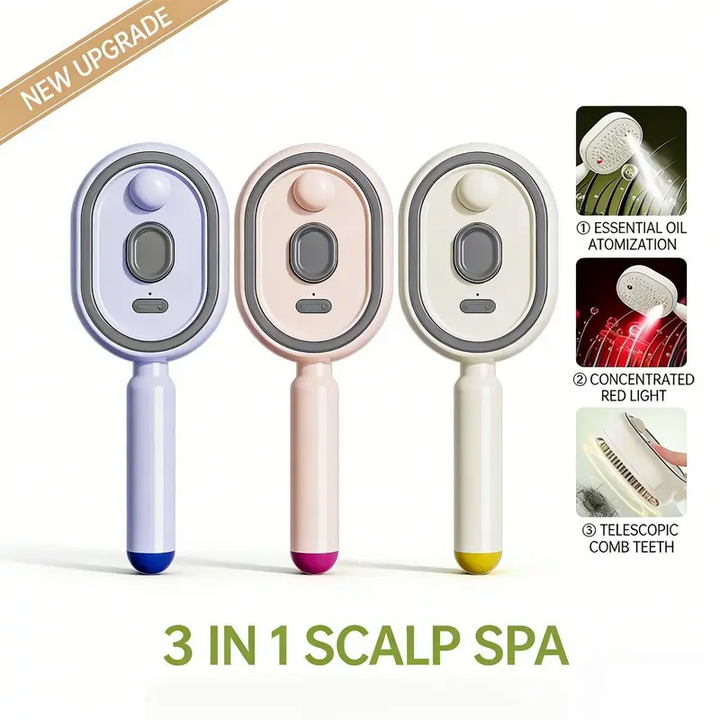 Lavender, pink and cream combs side by side, with three small inset images showing oil mist, red light and retracting teeth. 13
