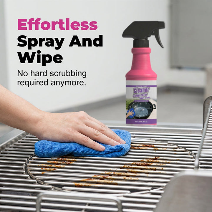 Pink spray bottle with a hand wiping stainless steel grill grates with a blue cloth.