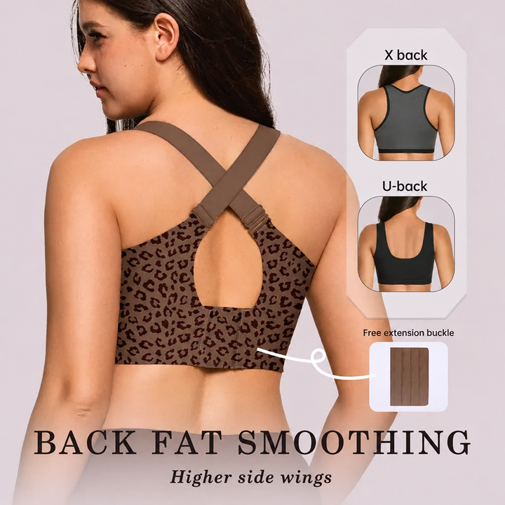 Back view of the leopard print bra with crossed straps and keyhole opening, plus X-back, U-back and extension buckle insets. 18