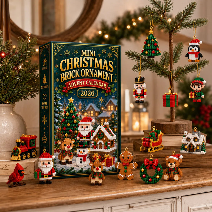 Christmas Building Block Advent Calendar with 24 Hanging Mini Ornaments, box with ornaments displayed around it