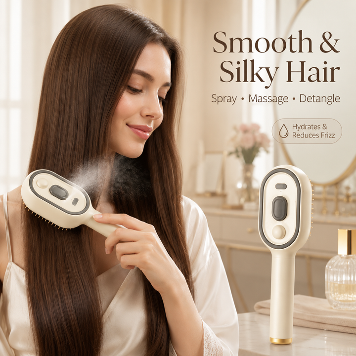 Woman with long straight brown hair misting and brushing with the comb at a vanity, with a second comb standing upright beside her. 9