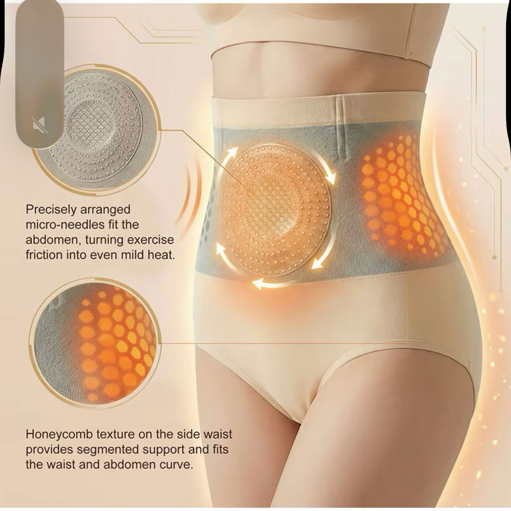 Beige high-waist briefs with a micro-needle abdominal patch and honeycomb side texture.