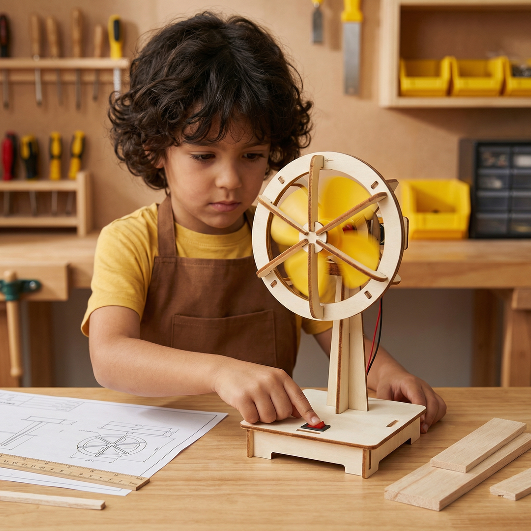 Wooden desk fan model with red switch and yellow blades