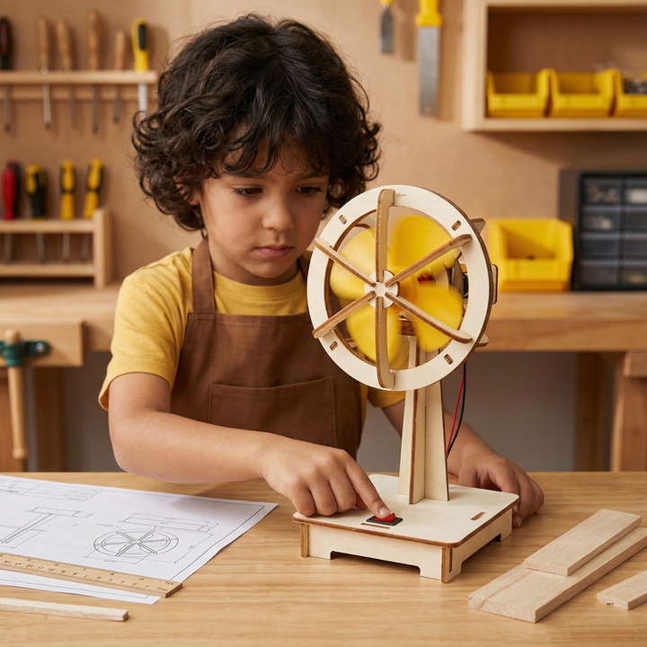 Wooden desk fan model with red switch and yellow blades