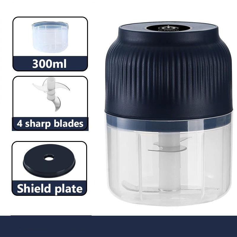 USB Rechargeable Mini Food Chopper with the 300ml bowl and the four-blade cutter shown beside it.