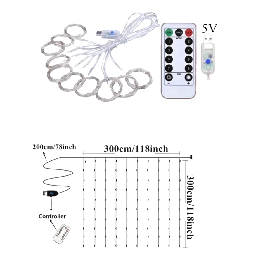 Diagram showing the coiled light strands, the remote control and the USB controller, with a layout of the hanging strands and cord. 2