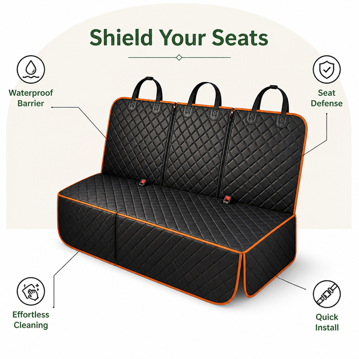 Black quilted rear seat cover with orange binding shown alone, with headrest loops and feature callouts 2