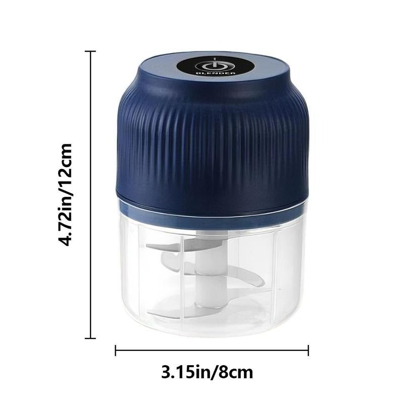 USB Rechargeable Mini Food Chopper with clear bowl and blades visible, with dimension lines.