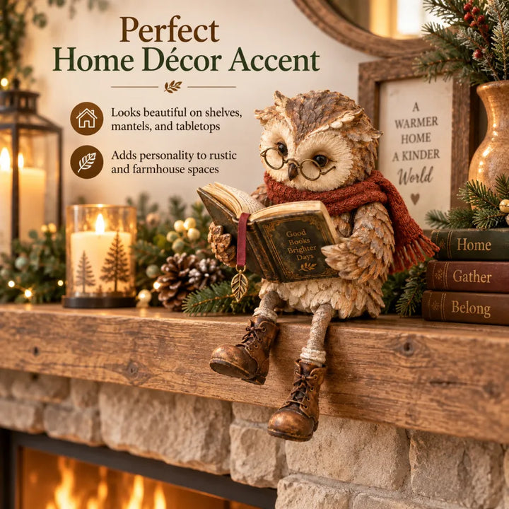 Beige and brown owl figurine with glasses, book, scarf and boots, another view.