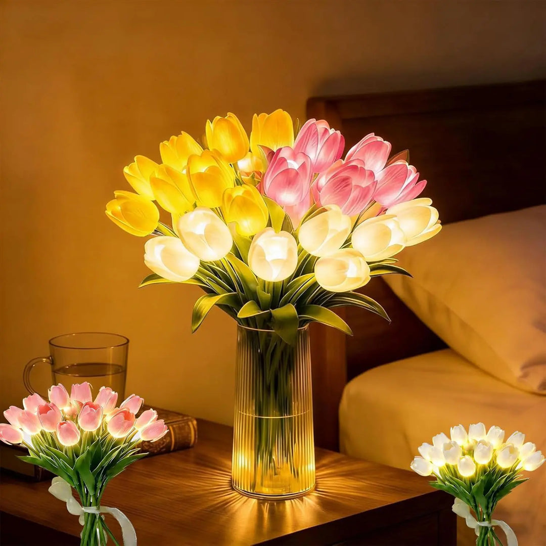 Yellow LED flower lamp beside a bed, with mixed bouquet details inset.