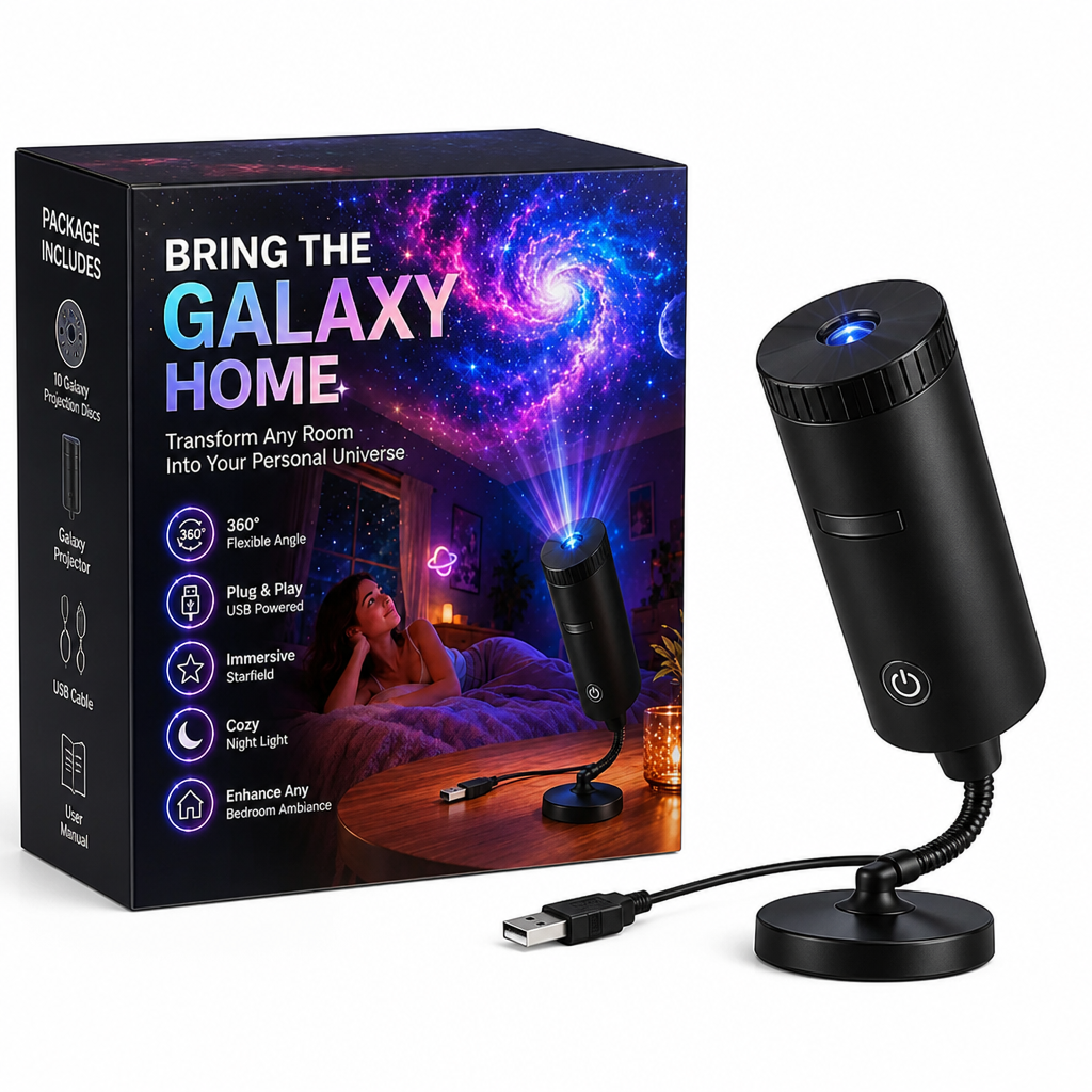 Galaxy-themed gift box beside the black cylindrical projector with a round stand base and USB cable.