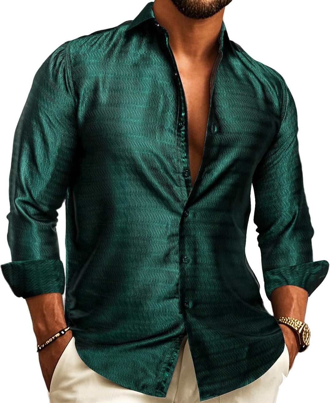 Model wearing the long-sleeve shirt in dark emerald green with a subtle wavy jacquard texture, collar open, hands in pockets.