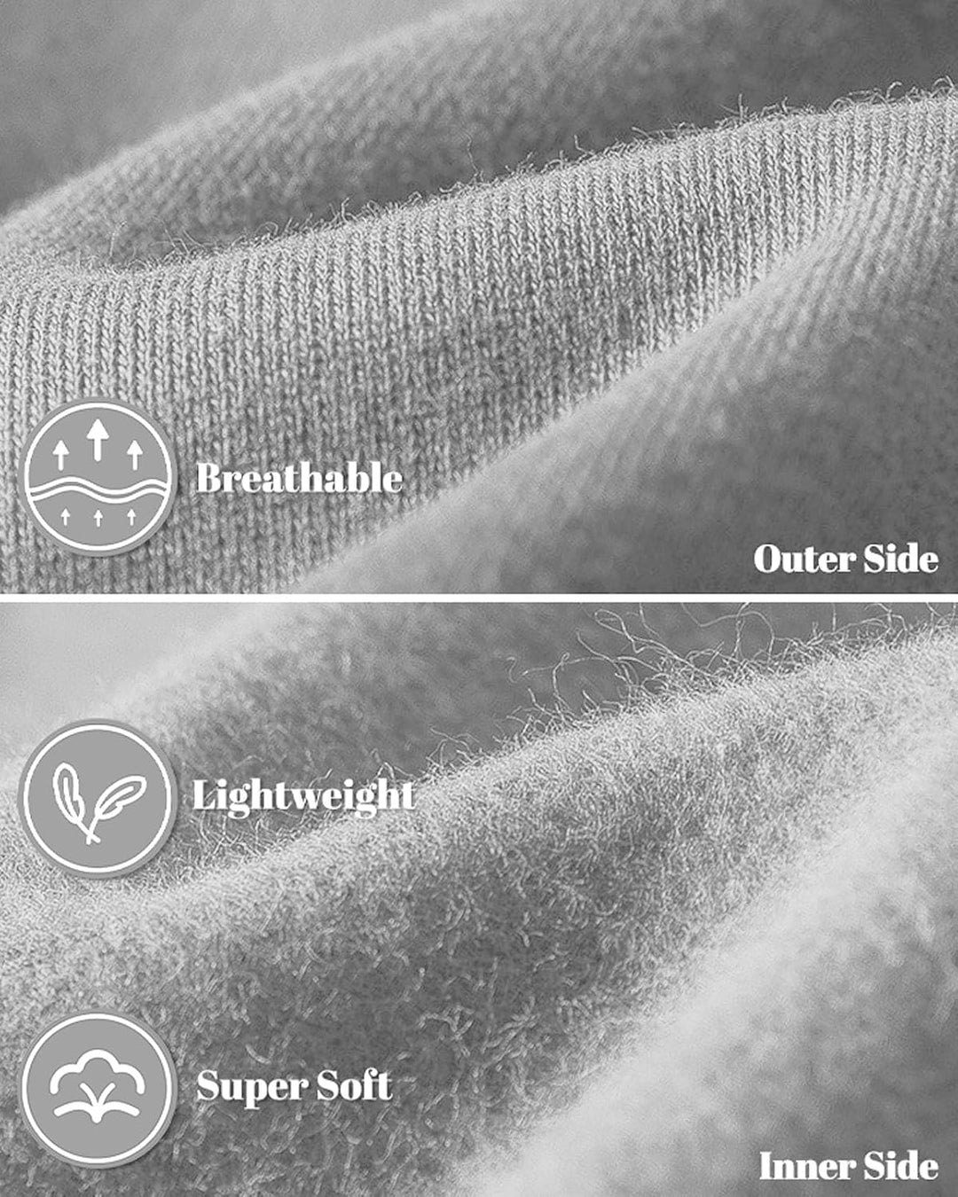 Close-up of light gray fleece fabric, showing the textured outer side and the soft brushed inner side 30