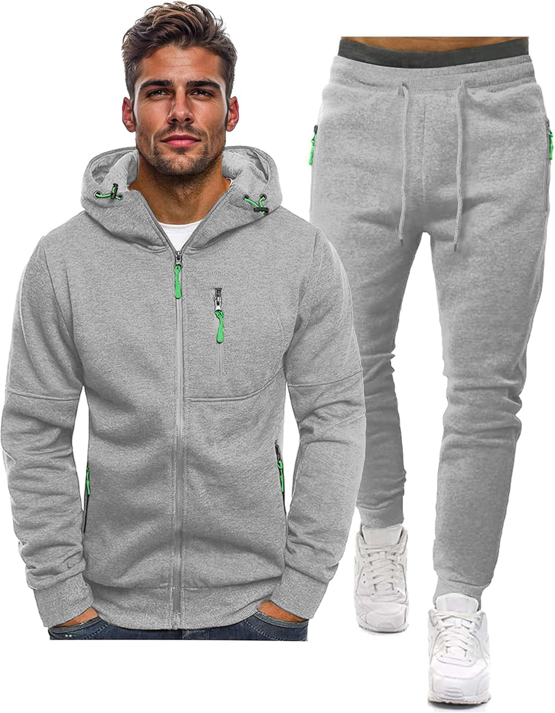 Gray zip-up hoodie with green zipper pulls next to matching drawstring joggers, shown flat 25