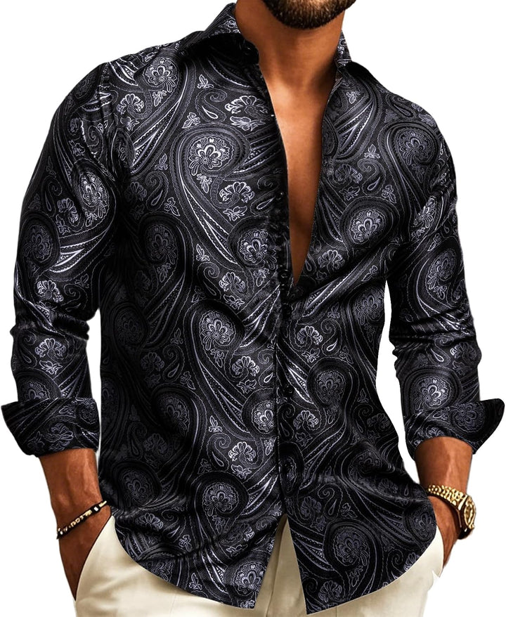Large view of the shirt on a model, showing black jacquard with silver-gray paisley and floral motifs and a satin sheen.