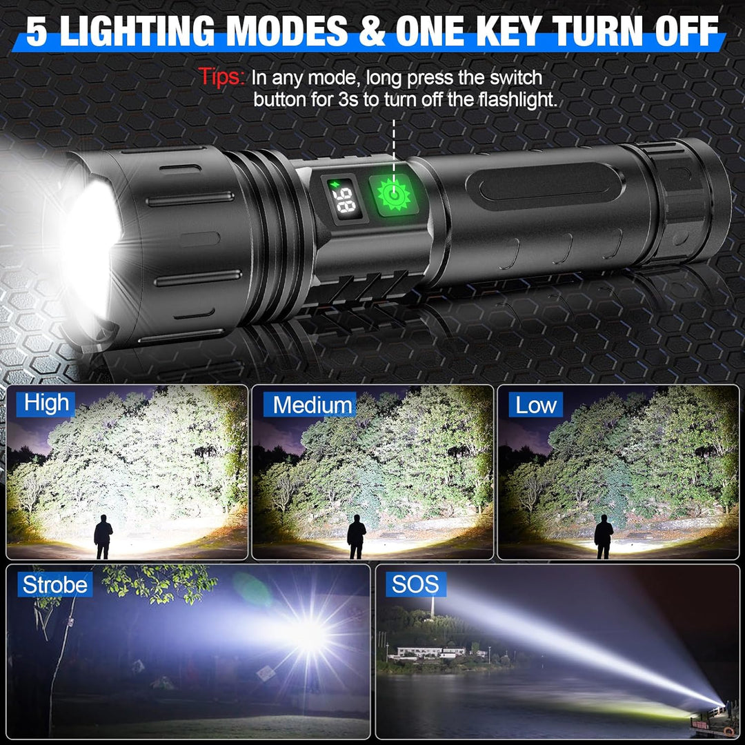 Black flashlight detail showing high, medium, low, strobe and SOS light modes.