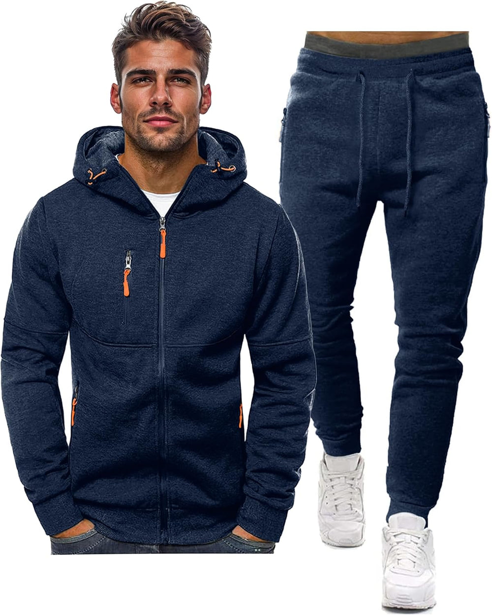 Navy hooded jacket with orange zipper pulls beside matching drawstring jogger pants on a white background 2