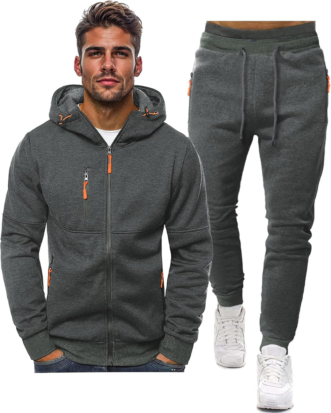 Dark gray hooded zip jacket with orange zipper pulls shown next to matching drawstring jogger pants 5