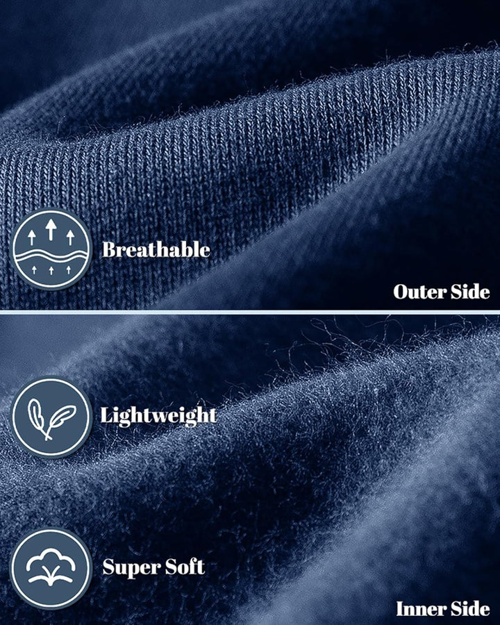 Close-up of navy fleece fabric showing the knit outer side and soft brushed inner side 5