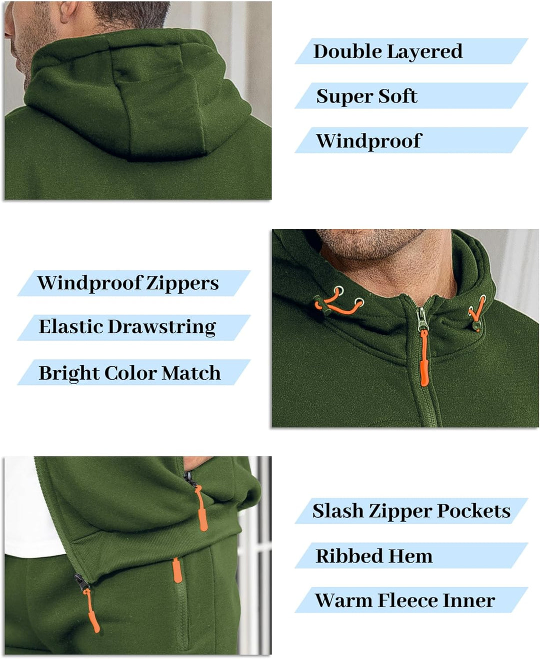 Green detail collage of the double-layered hood, drawstring, zip front and zippered pockets with orange pulls 17