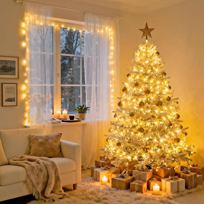 Warm-white Christmas tree string lights on a flocked tree with a star topper and window lights.
