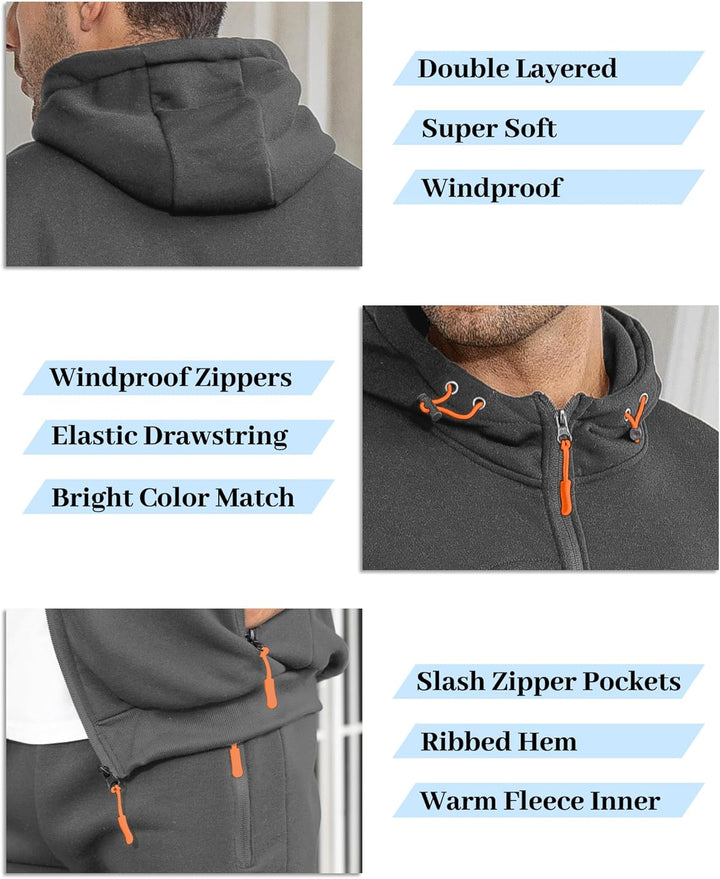 Close-up collage of gray hood, drawstring, zipper and pocket details with feature callouts 10