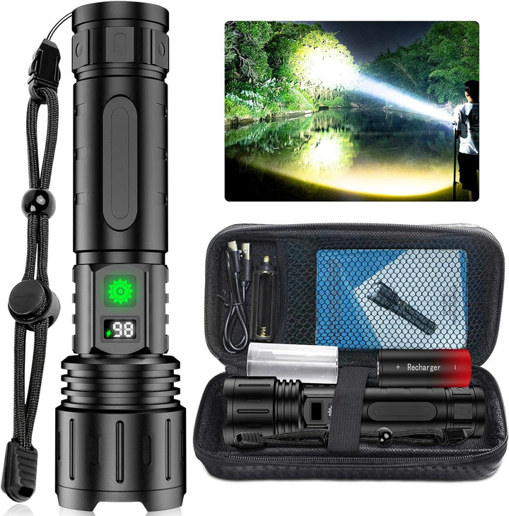 Black flashlight with wrist strap, green power button and battery readout.