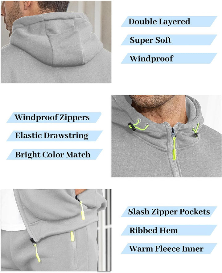 Collage of light gray tracksuit details: double-layered hood, drawstring, zipper pulls, slash zipper pockets and ribbed hem 29