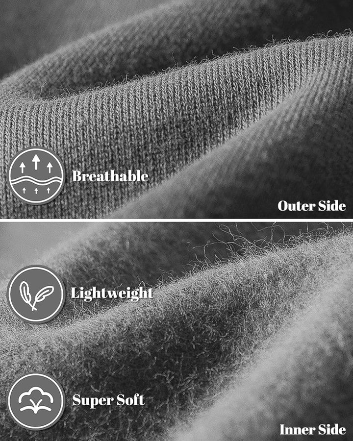 Close-up of gray fleece fabric showing the knit outer side and soft brushed inner side 11