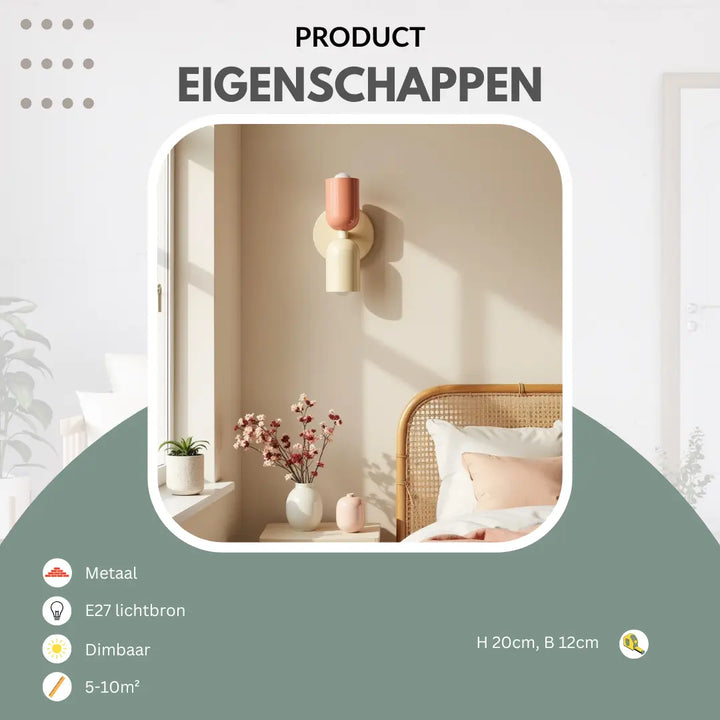 Lifestyle graphic showing a pink and cream wall lamp above a bedside table with flowers and a rattan headboard, with icons listing features. 22