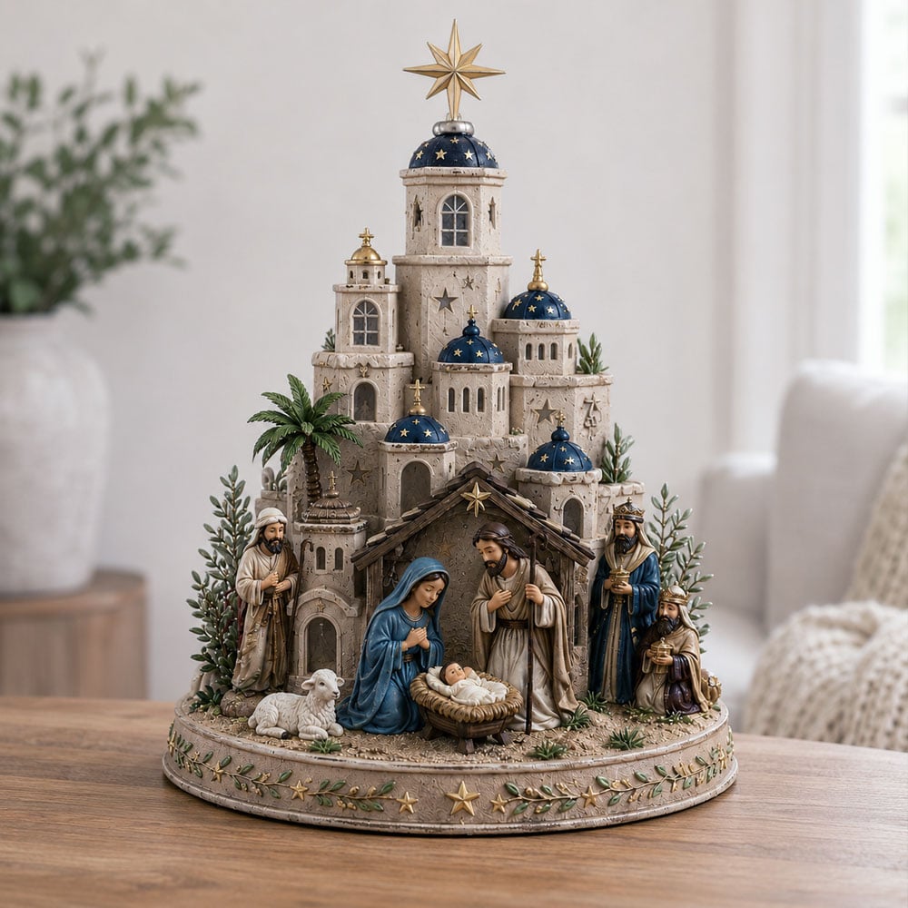 Bethlehem Nativity Church Tower with Light-Up Feature another view in beige, blue, gold and white with the lights off