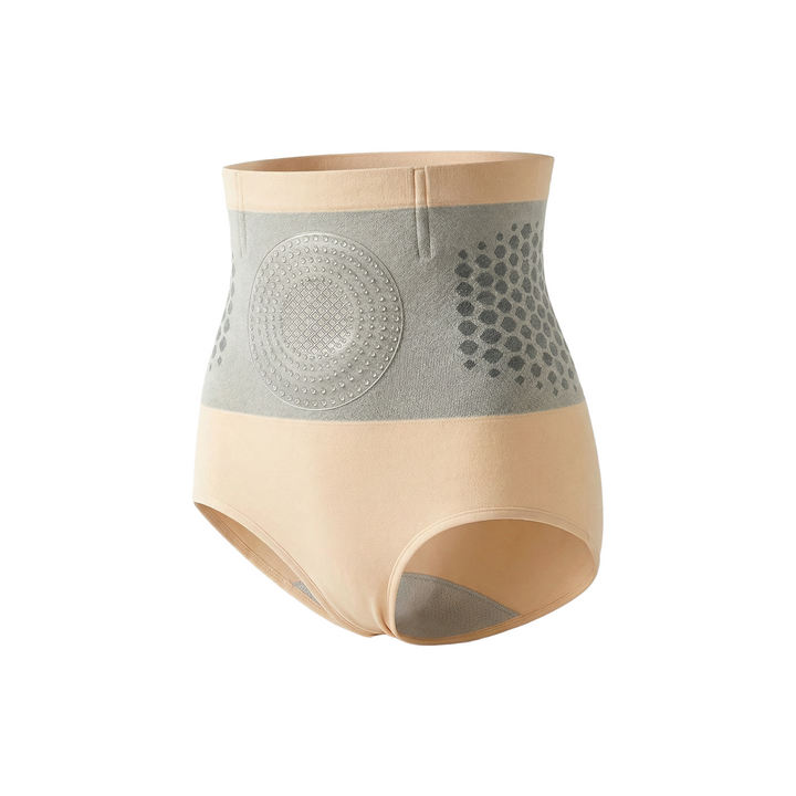 Beige high-waist shaping briefs with a gray middle band and dotted circular patch.