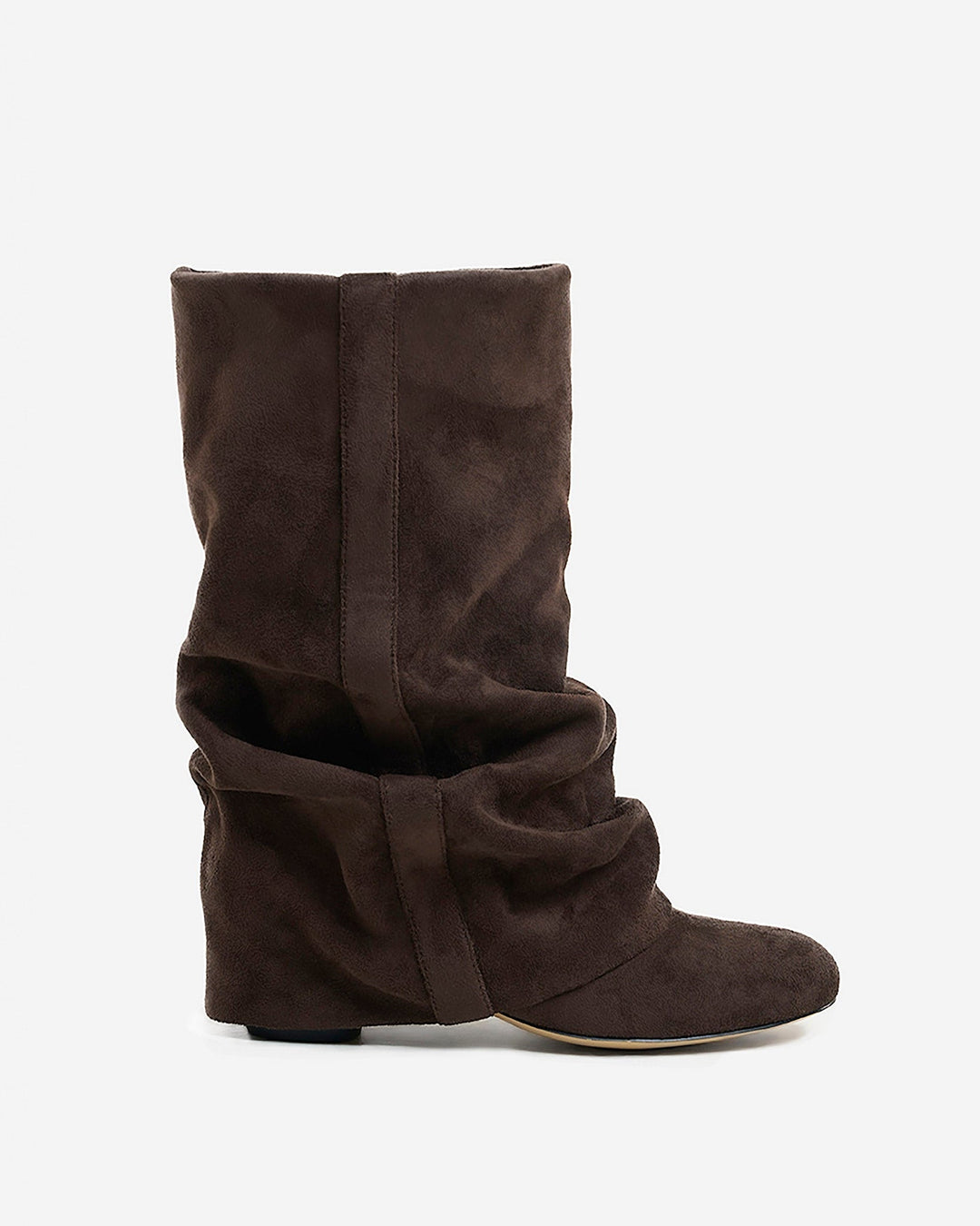 Dark brown suede-look boot in side view with a slouchy gathered shaft and rounded toe, 1