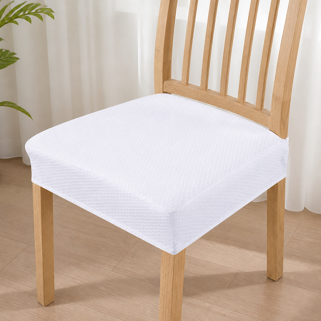 White seat cover with a fine dotted texture on a light wood chair, another view.