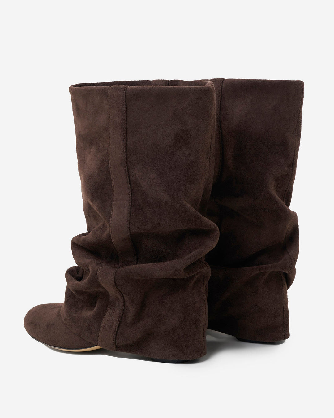 Pair of slouchy dark brown boots from the back and side with the folded shaft and small hidden heel, 3