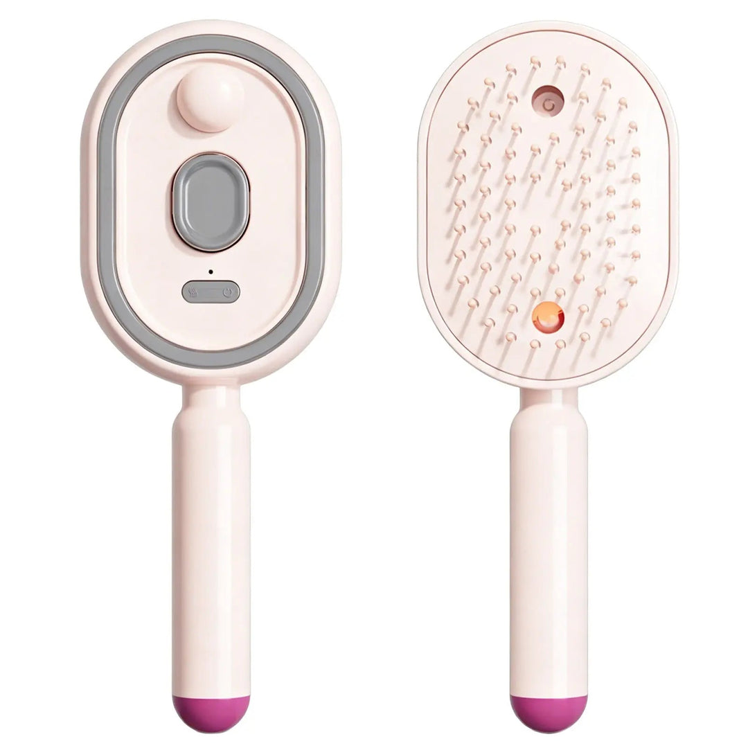 Pink comb shown from the front with buttons and from the back with bristles, mist outlet and orange light, with a magenta handle tip. 15