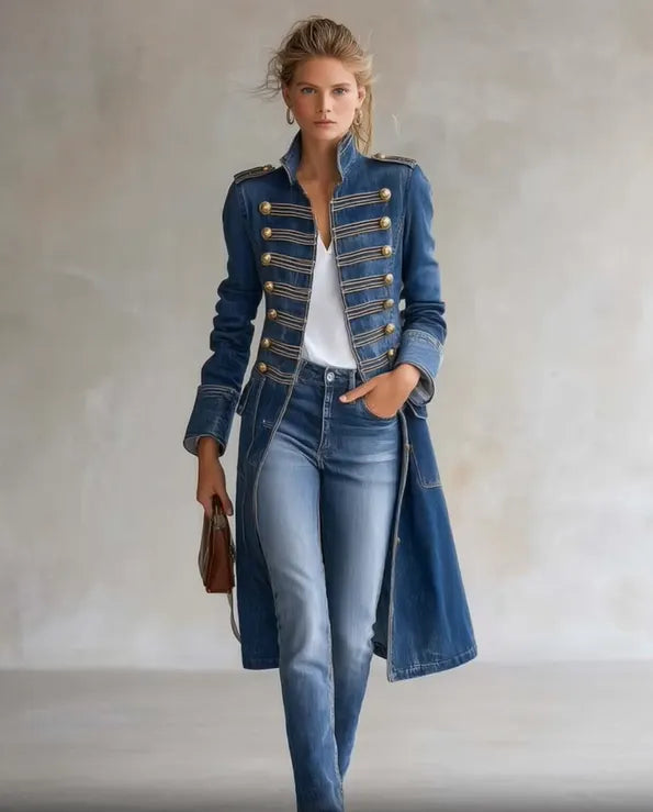 Full-length front view of the blue denim military coat worn open over a white top, jeans and a small brown bag. 4