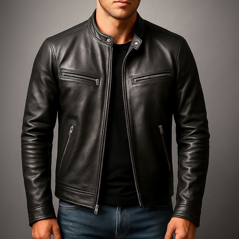 Man wearing the black leather jacket open over a black T-shirt and blue jeans, front view with zippered chest and hip pockets. 2