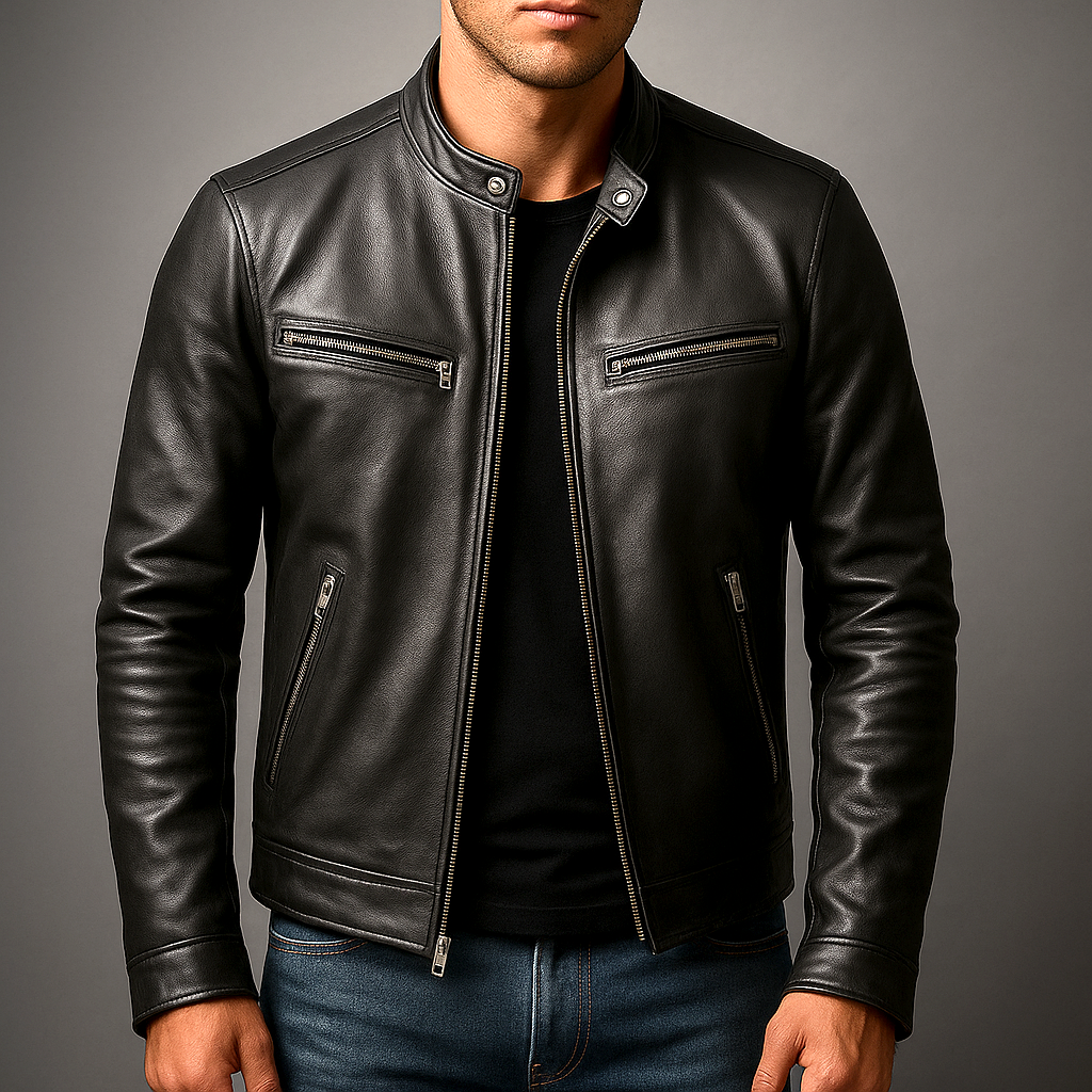 Man wearing the black leather jacket open over a black T-shirt and blue jeans, front view with zippered chest and hip pockets. 2