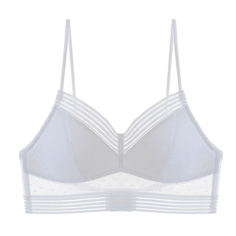 Flat front view of the white bra showing thin straps, striped neckline, dotted mesh panel and striped band 9