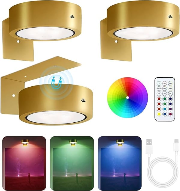 Three brushed-gold round LED lights with L-shaped brackets, a magnet icon, color wheel, remote, USB charging cable, and red, green and blue glow previews. 1