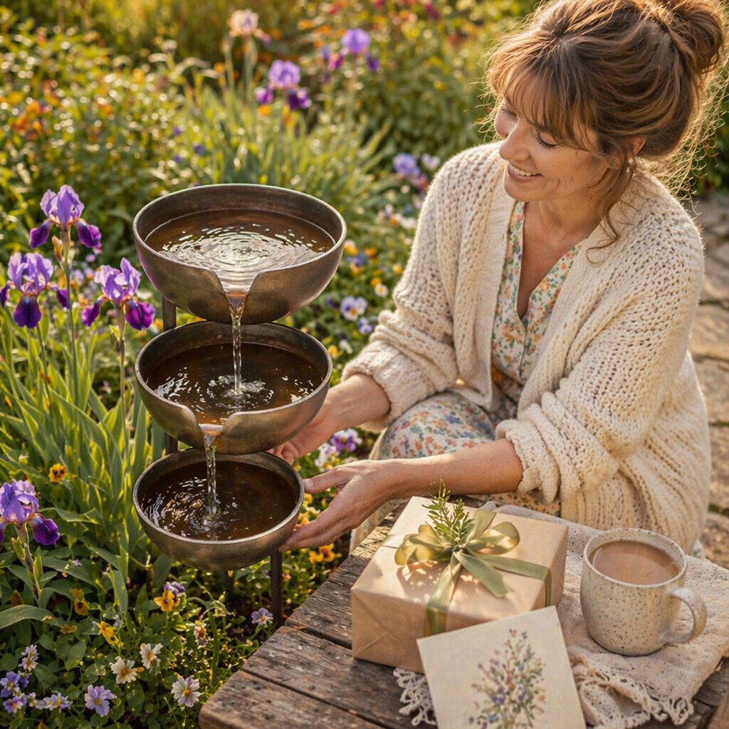 Brown stainless-steel bird bath being touched near a wrapped gift and a mug.