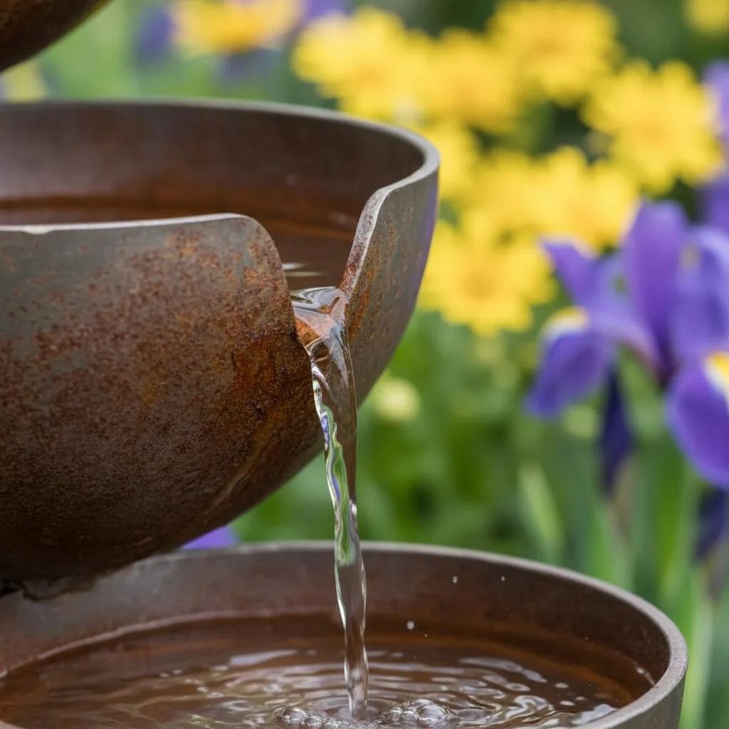 Close-up of a brown metal bowl spout pouring water into the bowl below.
