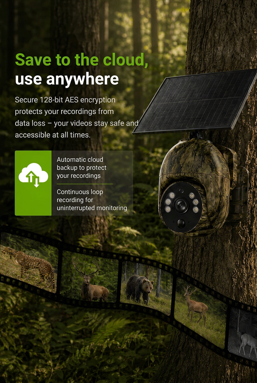 Camouflage camera with solar panel on a tree beside a film strip of wildlife clips, illustrating cloud backup and loop recording.
