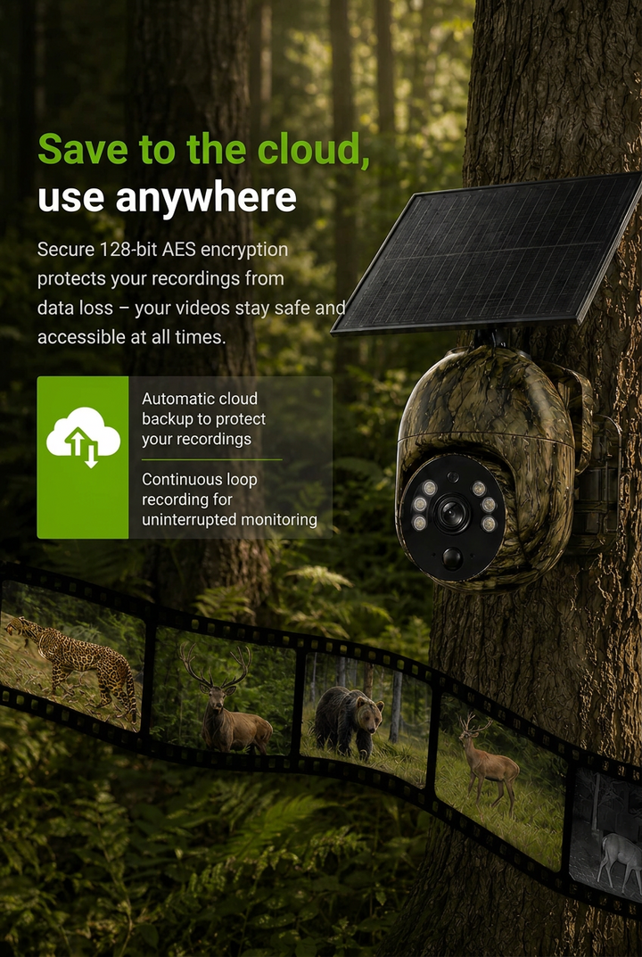 Camouflage camera with solar panel on a tree beside a film strip of wildlife clips, illustrating cloud backup and loop recording.
