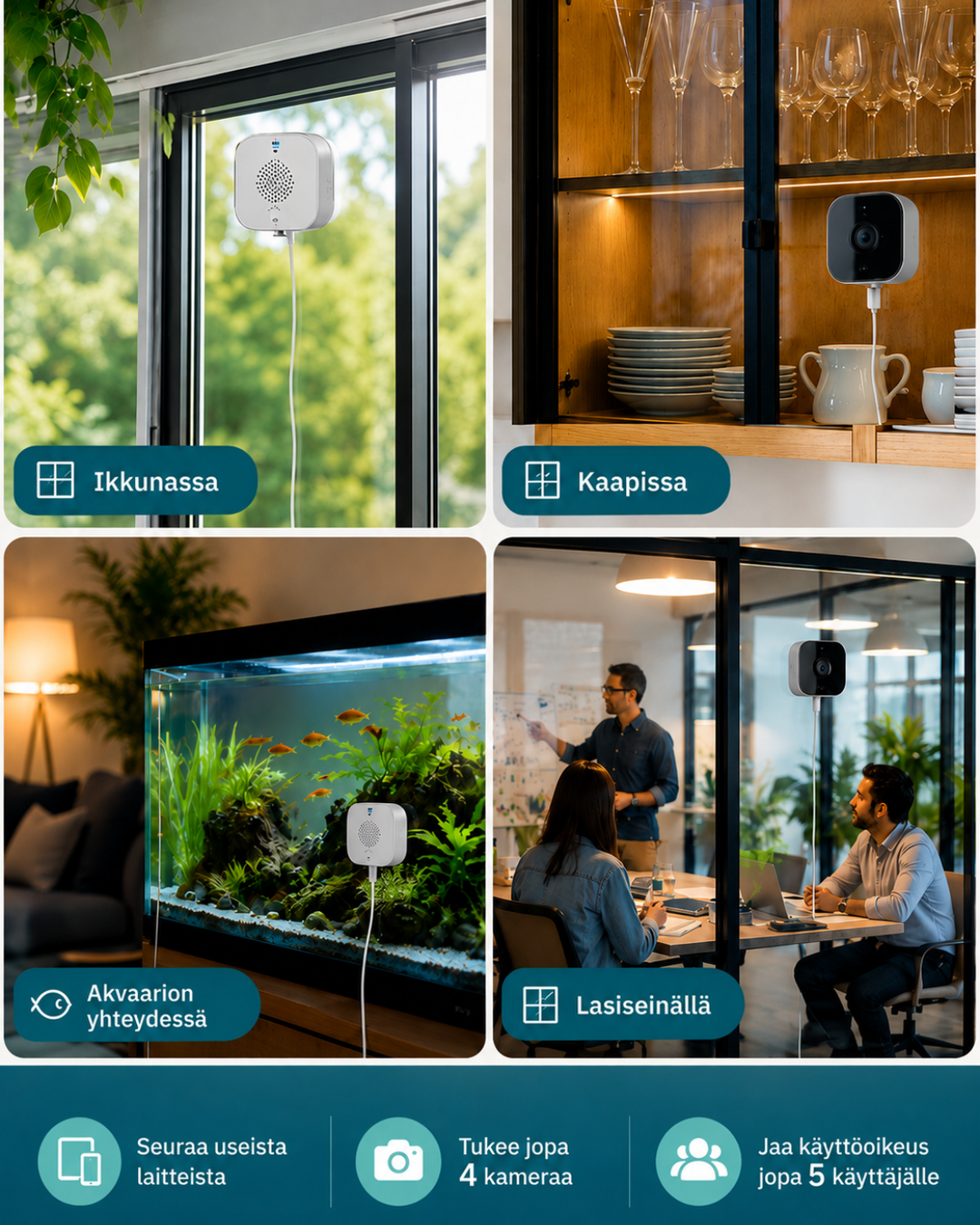 Four placement examples: camera on a window, inside a glass cabinet, on an aquarium and on an office glass wall. 8