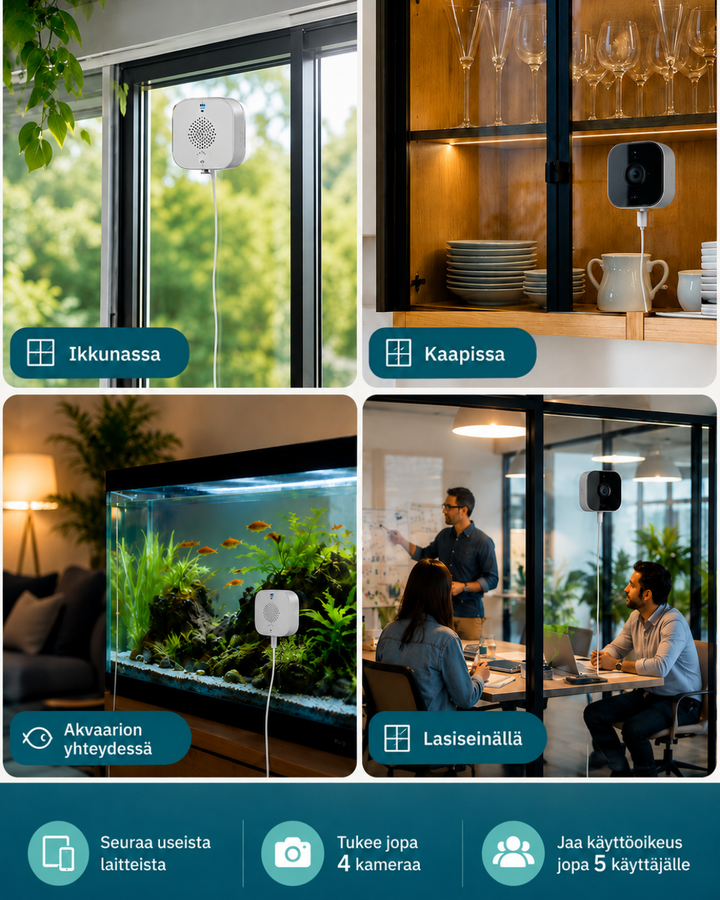 Four placement examples: camera on a window, inside a glass cabinet, on an aquarium and on an office glass wall. 8