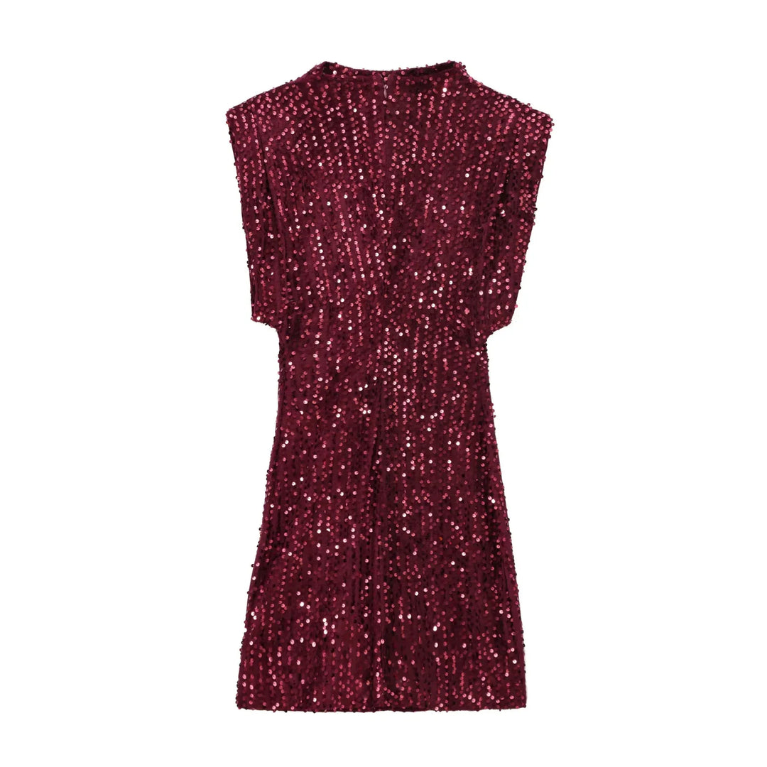 Back view of burgundy sequined mini dress laid flat, with zipper at the neckline 8
