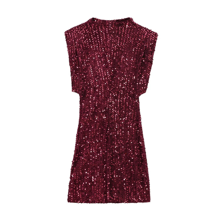 Back view of burgundy sequined mini dress laid flat, with zipper at the neckline 8